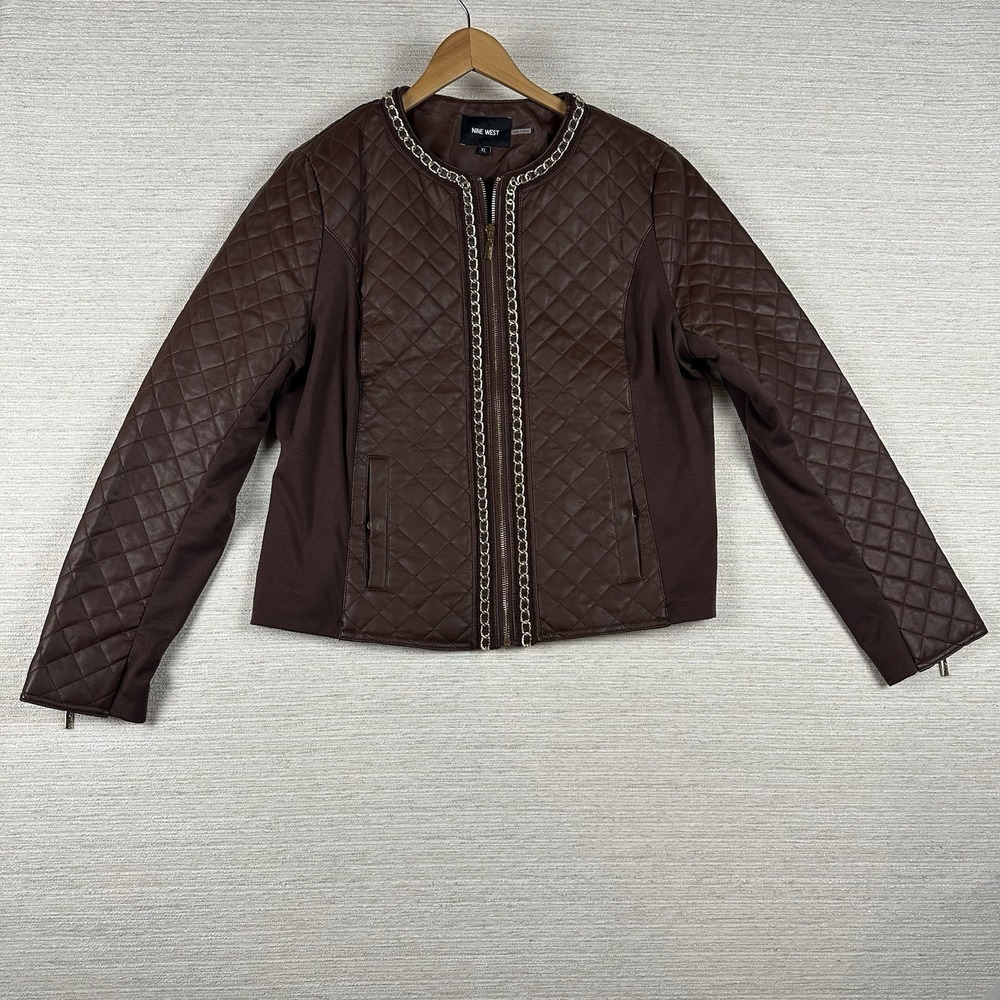 Womens Brown Nine West Quilted Leather Jacket Coat Gold Chain Trim Size XL